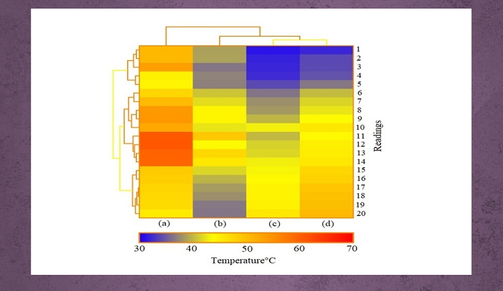 Analisis peta haba menunjukkan prestasi haba (a) & (b) suhu permukaan modul kajian dan lapisan belakang modul kajian yang dijalankan dalam ujian serentak; (c) & (d) suhu lapisan belakang PVDF-SSPF dan lapisan belakang modul konvensional dalam kajian cuaca yang serupa.