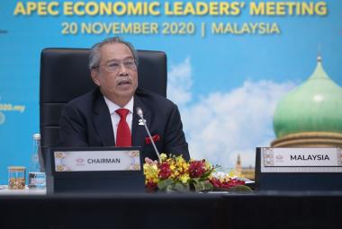 Perdana Menteri Malaysia, Tan Sri Muhyiddin Yassin ketika menyampaikan ucapan dalam Mesyuarat Pemimpin Ekonomi APEC (AELM).